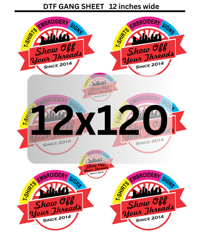 An image displaying multiple colorful promotional stickers for Show Off Your Threads - custom embroidery signs with a central, semi-transparent grey rectangle featuring "12x120" in bold red text.