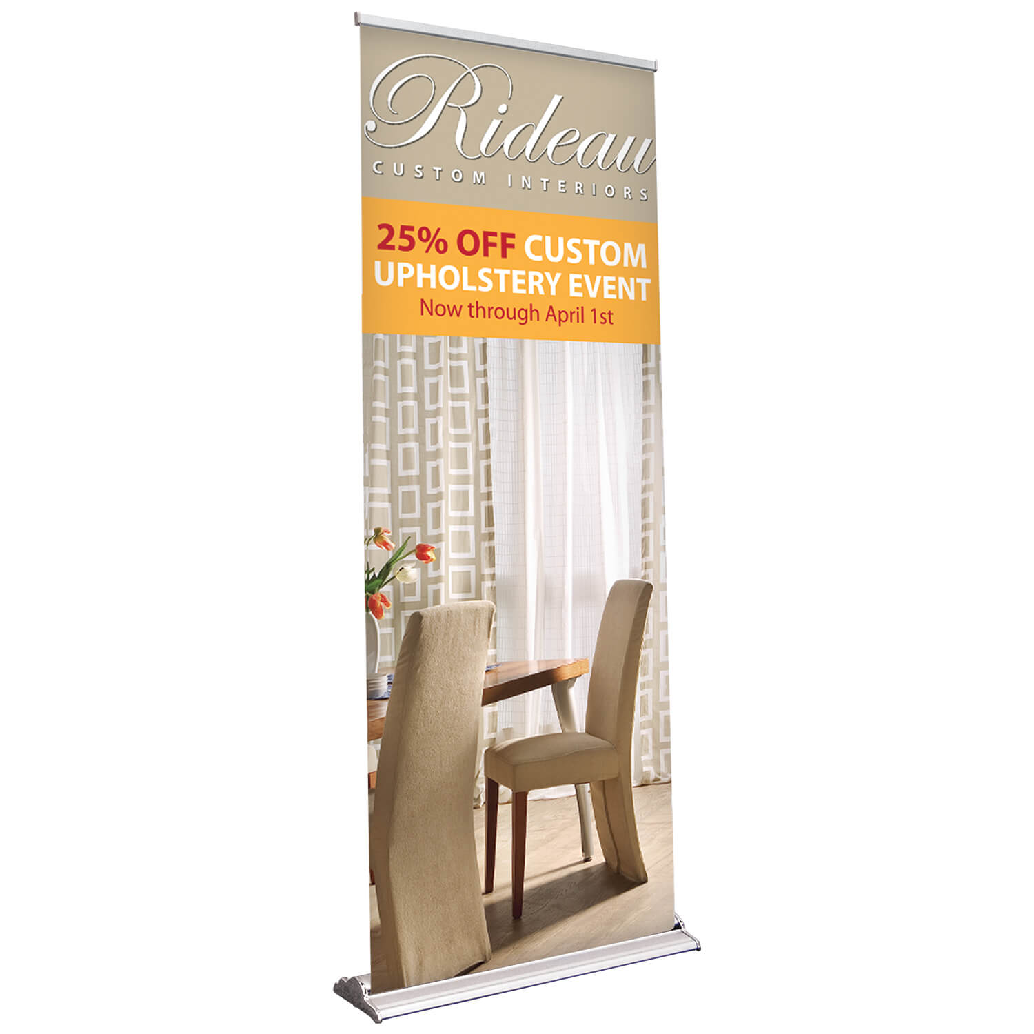 Customizable retractable banners featuring a company logo.