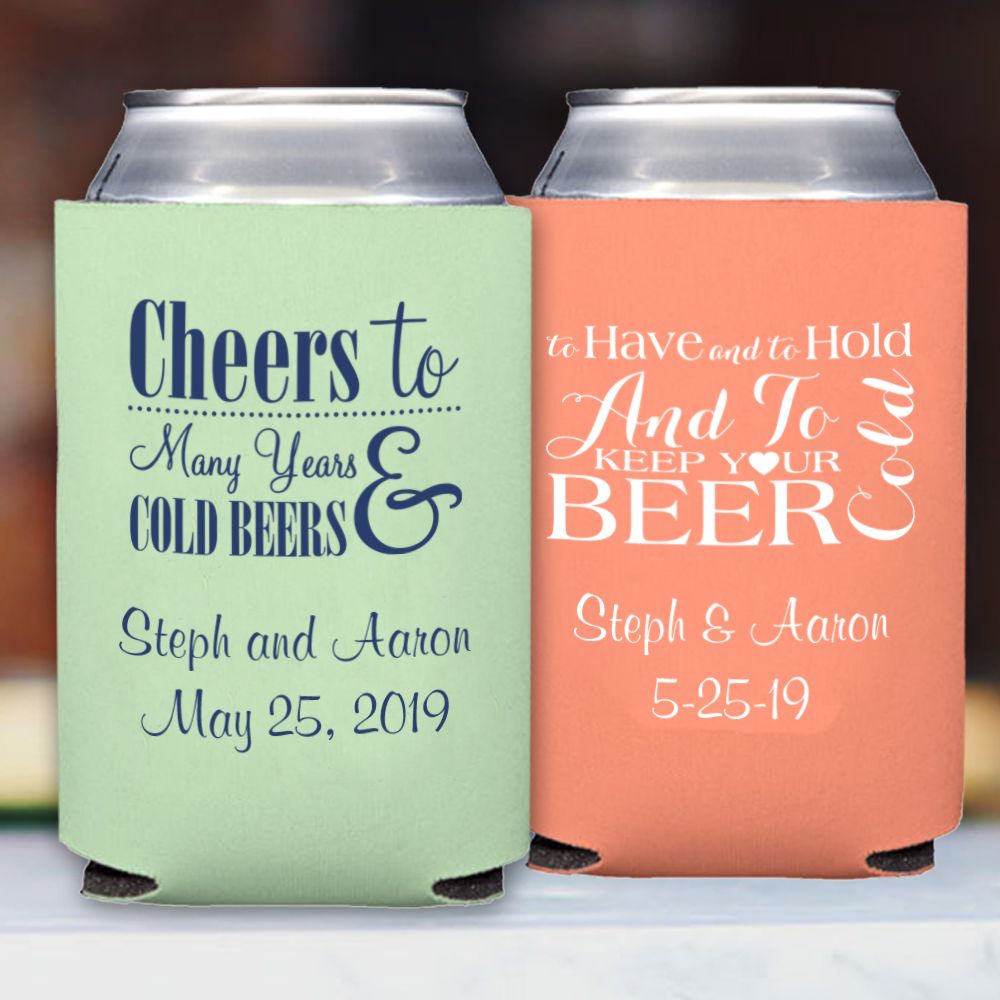 Customizable koozie featuring a company logo.