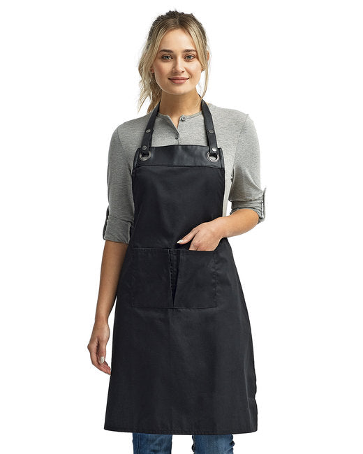 Custom Espresso Bib Apron – Faux Leather Trim & Adjustable Neckband