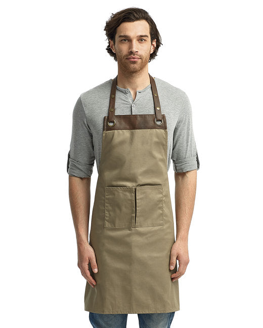 Custom Espresso Bib Apron – Faux Leather Trim & Adjustable Neckband