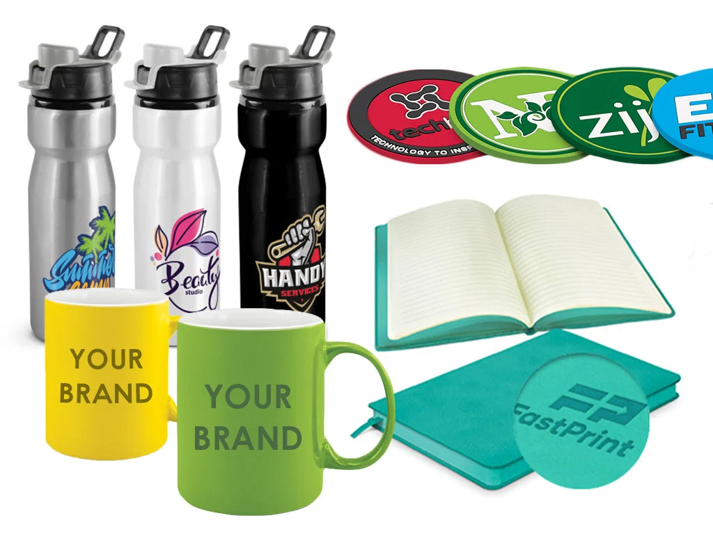 Custom logo branded printed office supplies for corporate offices enhancing team visibility and promoting brand identity in professional office settings.