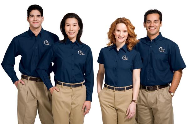 Customizable work uniforms featuring a company logo.