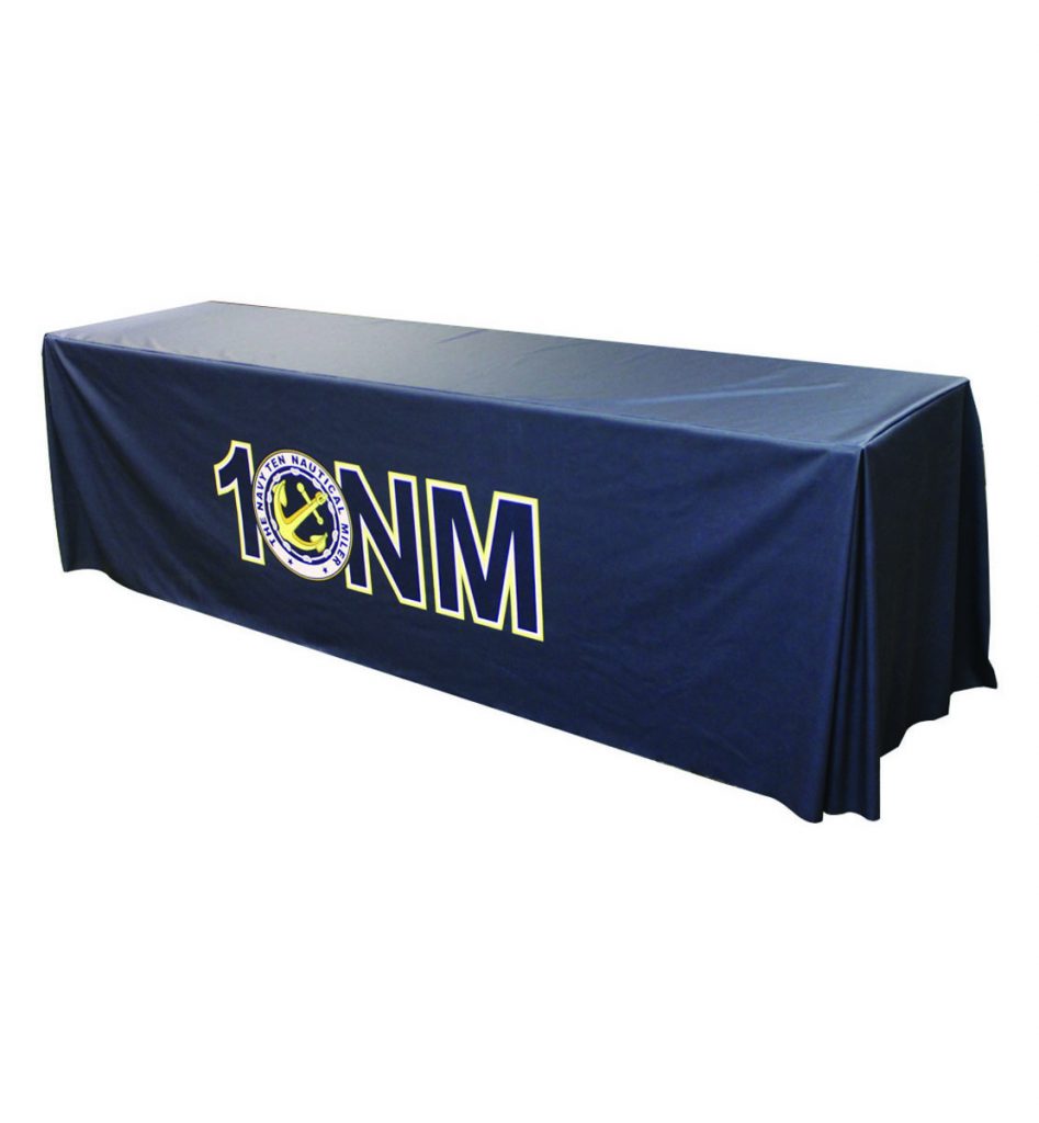 Customizable table cover featuring company branding and logos