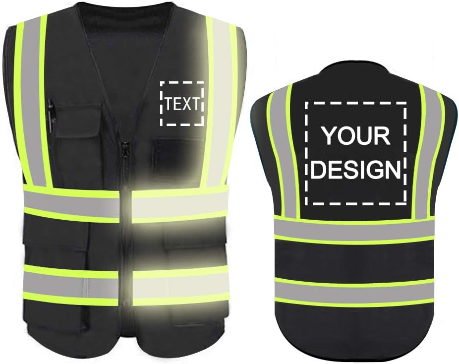 Custom branded reflective safety vests for road work.