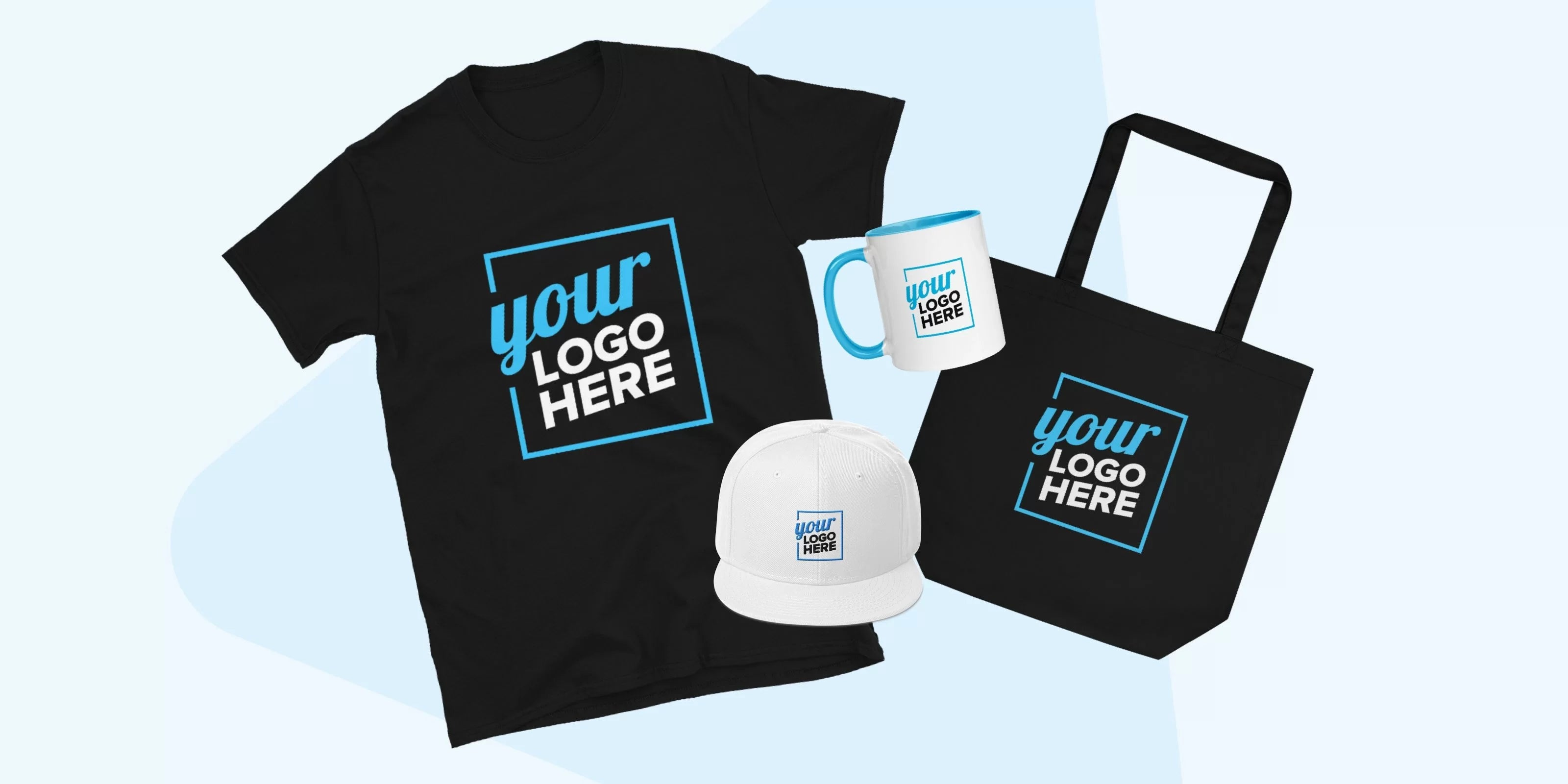 Customizable promotional products featuring a company logo.