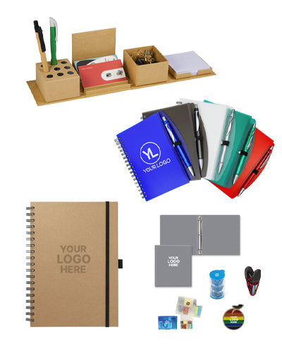 Customizable office supplies featuring company logos, tailored to meet the needs of various industries including corporate offices, retail, hospitality, healthcare, and events.