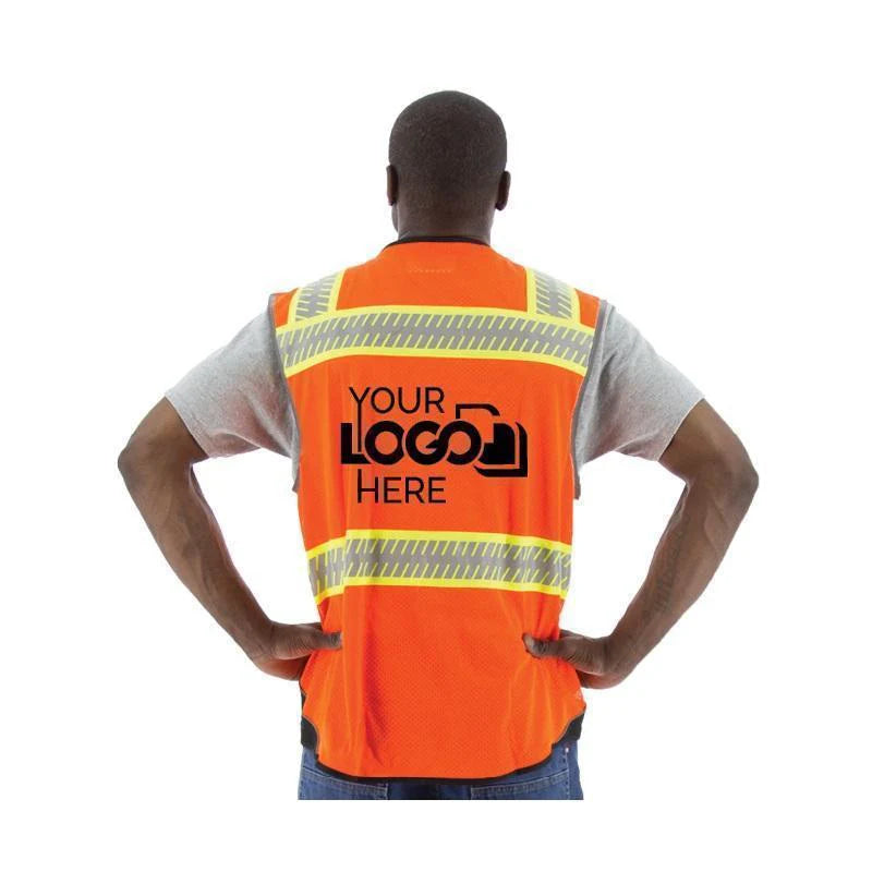 Customizable safety vests featuring a company logo.