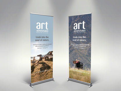 Premium retractable retail display banner with included carrying case, emphasizing portability and convenience for retail displays.