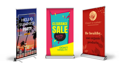 Premium retractable trade show banner with included carrying case, emphasizing portability and convenience for event transportation.